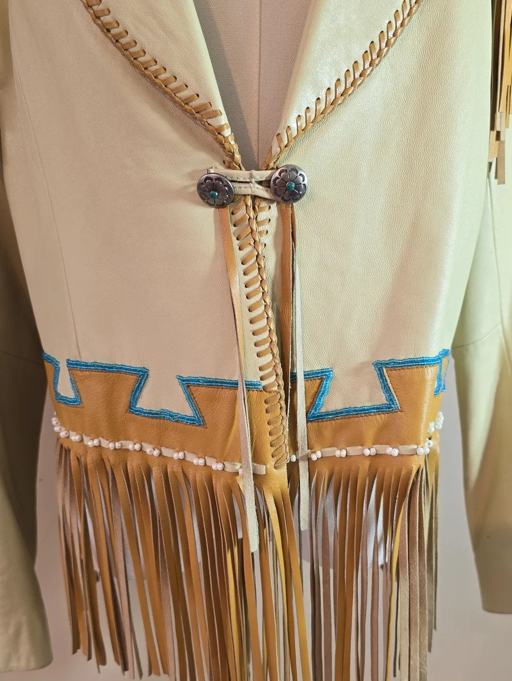 Fringed Pale Yellow Faux Leather Jacket with Turquoise Trim - Picture 15 of 15